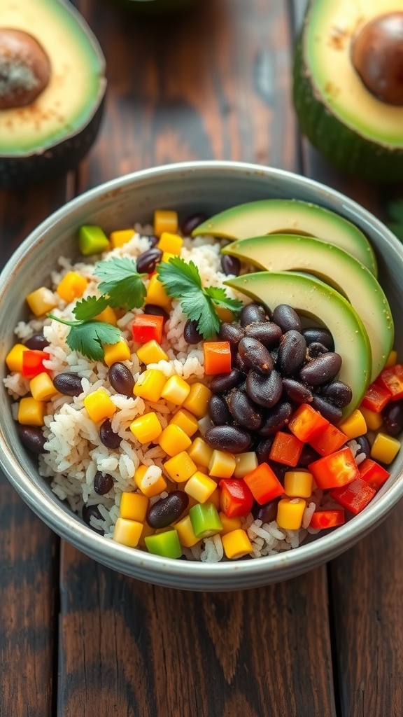 A nutritious black bean dinner bowl with rice, corn, bell peppers, garnished with cilantro and avocado on a rustic table.